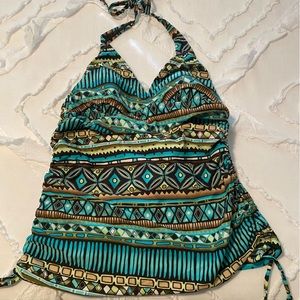 Tankini Top, Tropical pattern in greens, brown, blue white and gold . Size:Large
